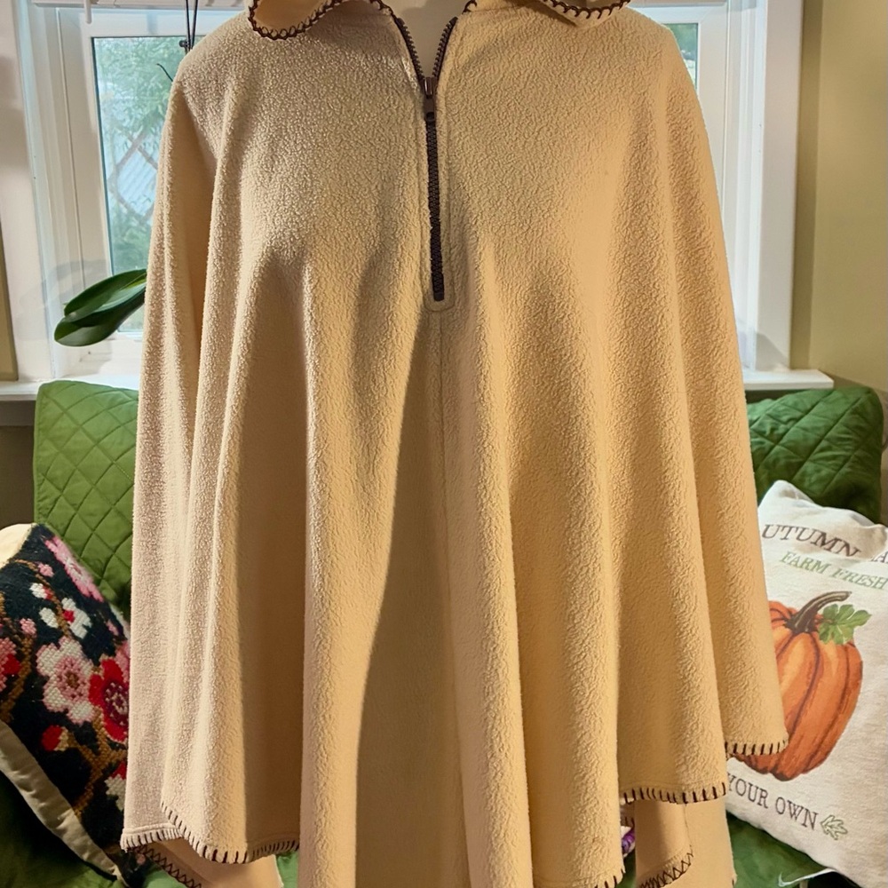 Elegant Style Studio Beige Hooded Cape or Poncho with Brown Accents.